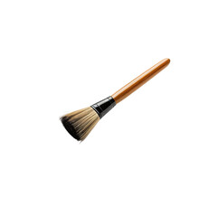 Makeup brush on black background, angled view. Brown wood and bristles visible