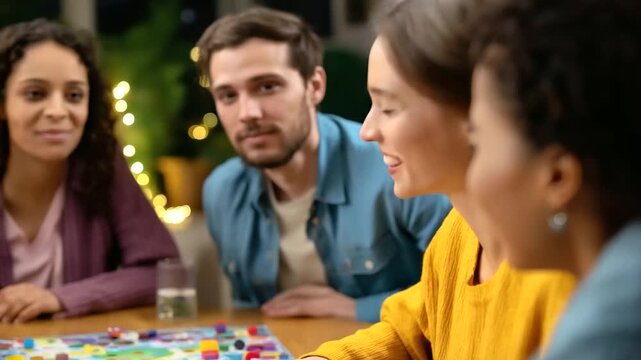 Friends playing board games on rainy evening, cozy atmosphere, soft lighting, laughter and fun, togetherness at home, friendly competition, simple joys, real emotions, with copy sp
