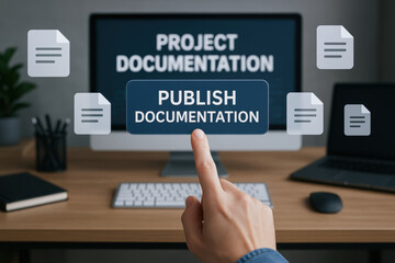 Project documentation publishing concept with ai developer workspace and ai programmer hand pointing on digital screen for work