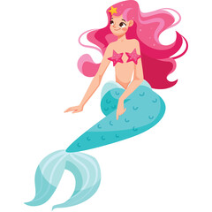 Cartoon Mermaid With Pink Hair And Blue Tail Smiling With Starfish Bikini Top Isolated On White Background