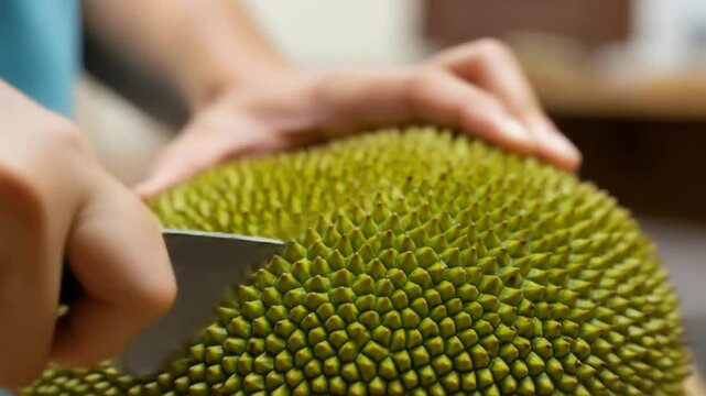 Cutting Jackfruit: Close-Up of Preparation with Sharp Knife
