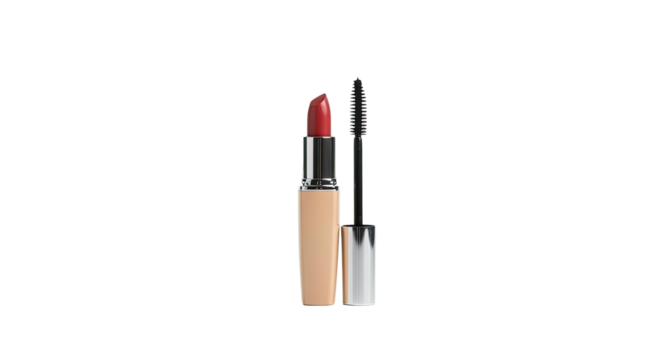 Vibrant red lipstick and mascara cosmetic beauty products