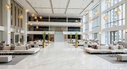 Expansive and modern hotel lobby with elegant seating areas and grand staircase