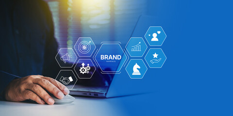 Brand awareness strategy concept, businessman planning digital brand awareness, communication, target, Marketing growth icons, customer loyalty, and partnership symbols for corporate branding success