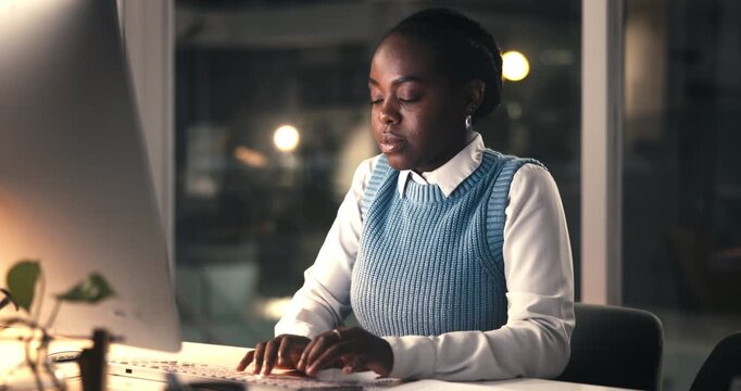 Business, black woman and computer in office at night for editor feedback, information and article post. Person, typing and pc for proofreading news, update draft and working late for publication