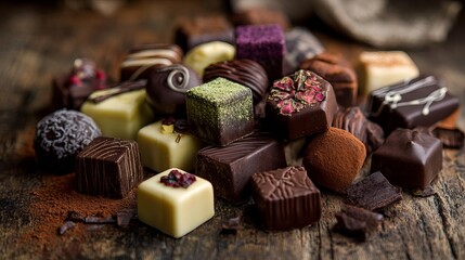 Indulge in exquisite gourmet chocolates, a decadent assortment of rich dark, creamy milk, and white confections for delightful moments.