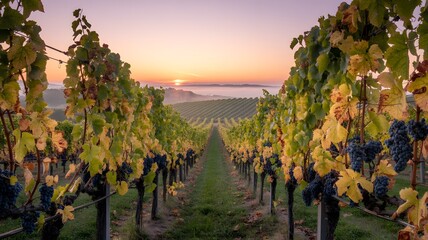 Vineyard rows at sunrise with ripe grapes and soft light