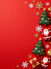 Obraz premium Festive Christmas decorations on red background with Santa and snowflakes