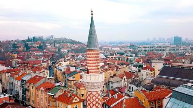 Aerial View of Plovdiv's Historic Old Town and Minaret