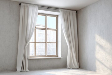 Fototapeta premium Minimalist room with large window and white curtains.