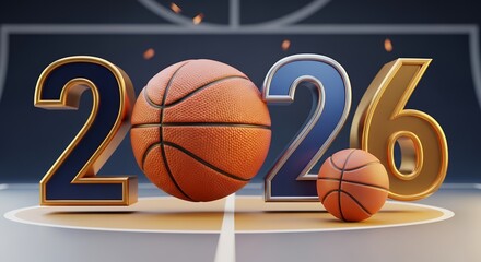 3D rendered numerals forming the year 2026 with basketballs on a court symbolizing the upcoming season sport game numbers sports athletic competition healthy lifestyle motion