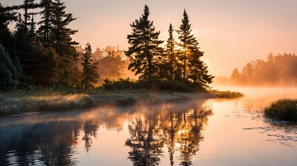 Golden sunrise paints mist-kissed lake with serene pine forest reflections, evoking peaceful morning tranquility