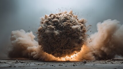 Massive explosive blast sending debris and dust clouds soaring into a dramatic, smoky sky