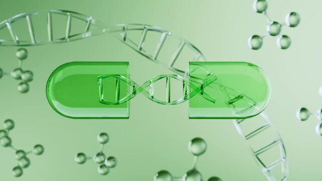 3D render of capsule with molecular DNA chain in green environment. Ideal for health science, research, or product visualization.