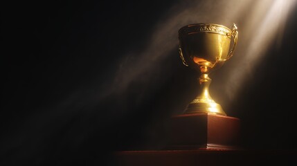 elite. A shining gold trophy on a velvet podium with dramatic spotlight. event key visuals, club posters, designed for fitness apps and gym onboarding, drives event promotion.