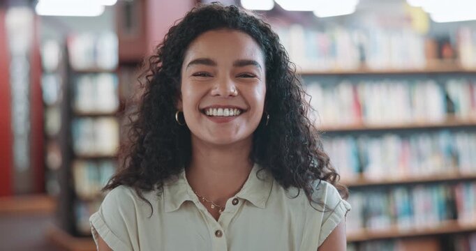 Happy, university and face of woman in library with confidence for education, books or studying. Smile, college and portrait of female student with pride for learning at academy campus in Brazil.