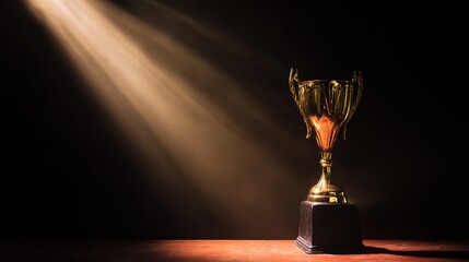 elite. A shining gold trophy on a velvet podium with dramatic spotlight. event key visuals, club posters, designed for fitness apps and gym onboarding, drives event promotion.