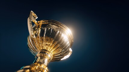 elite. A shining gold trophy on a velvet podium with dramatic spotlight. event key visuals, club posters, designed for fitness apps and gym onboarding, drives event promotion.