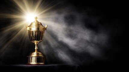 elite. A shining gold trophy on a velvet podium with dramatic spotlight. event key visuals, club posters, designed for fitness apps and gym onboarding, drives event promotion.