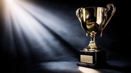 elite. A shining gold trophy on a velvet podium with dramatic spotlight. event key visuals, club posters, designed for fitness apps and gym onboarding, drives event promotion.