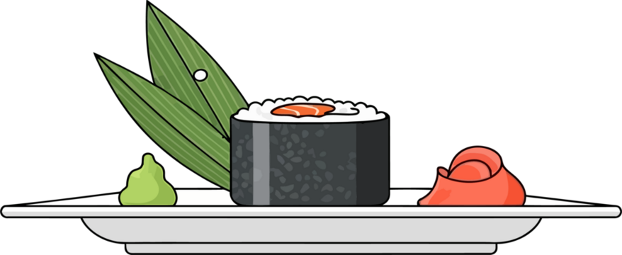 Japanese Sushi Roll (Maki) with Salmon, Wasabi and Pickled Ginger on a White Plate