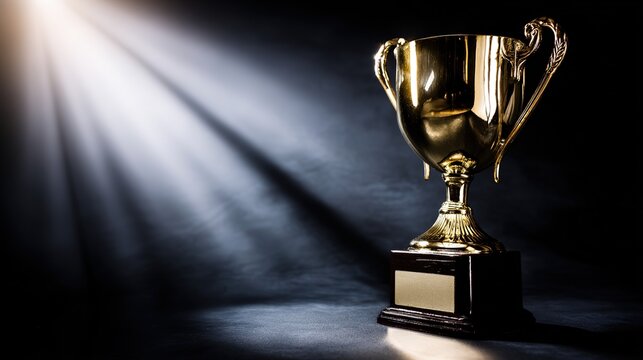 elite. A shining gold trophy on a velvet podium with dramatic spotlight. event key visuals, club posters, designed for fitness apps and gym onboarding, drives event promotion.