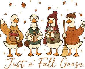 Naklejka premium Just a thankful goose illustration vector, cute autumn ducks wearing cozy sweaters and fall outfits holding pumpkin coffee and harvest basket, thanksgiving character art in warm orange brown tones