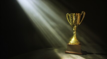 elite. A shining gold trophy on a velvet podium with dramatic spotlight. event key visuals, club posters, designed for fitness apps and gym onboarding, drives event promotion.