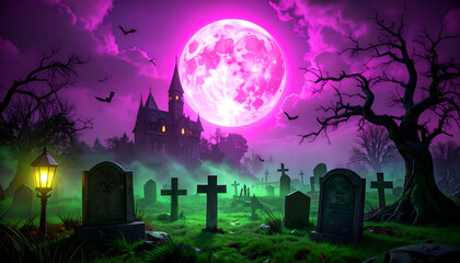 Fototapeta premium Haunted graveyard under glowing pink moon with bats, mist, and eerie castle in the background.