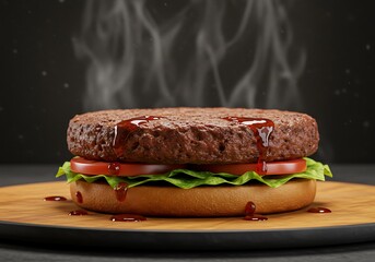 Steaming hot gourmet burger with fresh lettuce, tomato, and savory sauce, served on a rustic wooden board