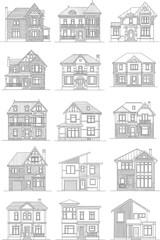 Fototapeta premium Collection of hand drawn architectural sketches of diverse residential house designs and building elevations