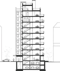 Detailed architectural section drawing of a multi story building showing interior spaces and structural elements