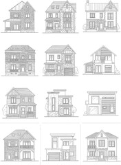 Fototapeta premium Collection of twelve detailed architectural line drawings of diverse residential house facades and elevations