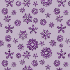 Seamless repeating snowflake pattern, purple background. Festive winter and Christmas texture ideal for wrapping paper, textiles, gift tags, holiday backgrounds, greeting cards, and seasonal designs.