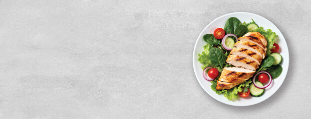 Top View Banner for a Nutritious Diet Lunch: Healthy Grilled Chicken Breast with Fresh Vegetable Salad