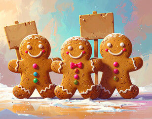 Streikende Lebkuchen-Kekse mit Schildern &ndash; witzige Weihnachts-Kampagne, Humor, Food-Illustration