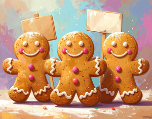 Streikende Lebkuchen-Kekse mit Schildern &ndash; witzige Weihnachts-Kampagne, Humor, Food-Illustration