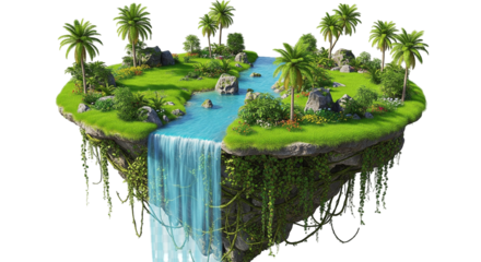 Tropical Floating Island with Waterfall and Palm Trees, 3D Render Isolated on White Background.