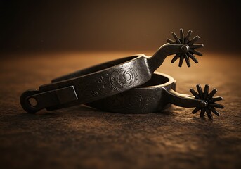 Rustic metal cowboy spurs, vintage Western riding gear on a textured background