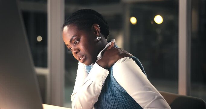 Shoulder pain, night or black woman in office with desktop, overworked or stress in missed deadline. Bokeh, tension or consultant in agency with tech, muscle strain or burnout in late shift task.