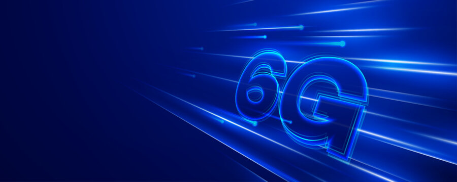 Glow of 6G technology symbol with blue speed light streaks