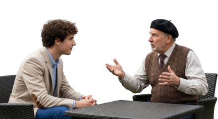 Young and Senior, Sitting Outdoors and Having an Engaging Conversation Across a Table, Isolated on White Background
