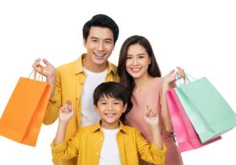 Smiling Asian Family Holding Shopping Bags and Crossing Fingers for Luck or Good Deal Isolated on White