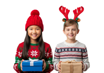 Two Diverse Children in Ugly Christmas Sweaters Holding Holiday Gifts Isolated on White