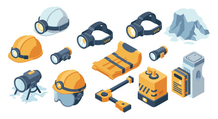 Essential isometric safety equipment set for construction and mining workers in modern design