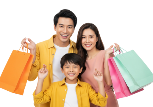 Smiling Asian Family Holding Shopping Bags and Crossing Fingers for Luck or Good Deal Isolated on White