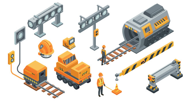 Isometric construction site with machinery, workers, and traffic signals