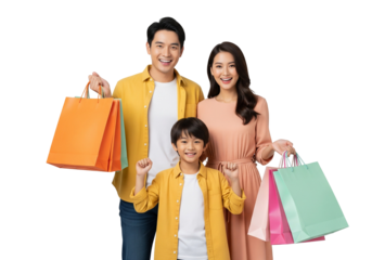 Happy Asian Family Holding Colorful Shopping Bags and Smiling at Camera Isolated on White