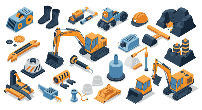 Isometric construction equipment set featuring heavy machinery tools and safety gear