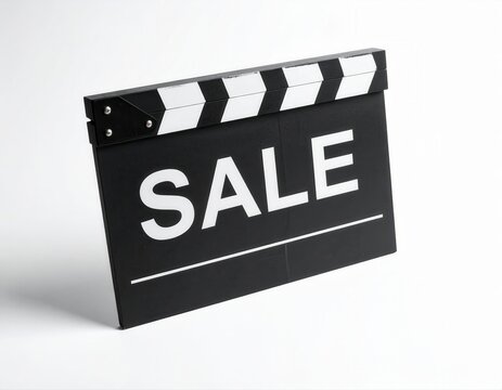 Clapperboard displaying sale sign representing movie discounts